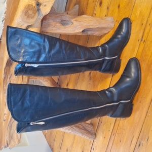 Donald Pliner Black Calf Leather Over Knee Double Zipper Classic Capsule Boots